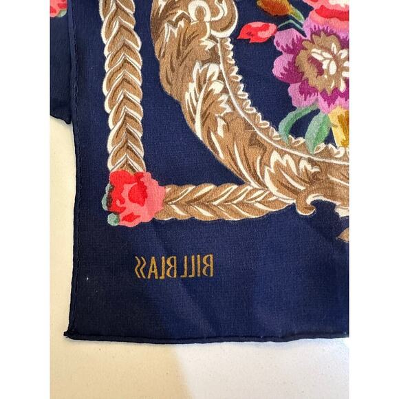 Vintage Bill Blass 70s Boho Navy Gold Frame Design Chic Floral Print Scarf - Picture 2 of 3